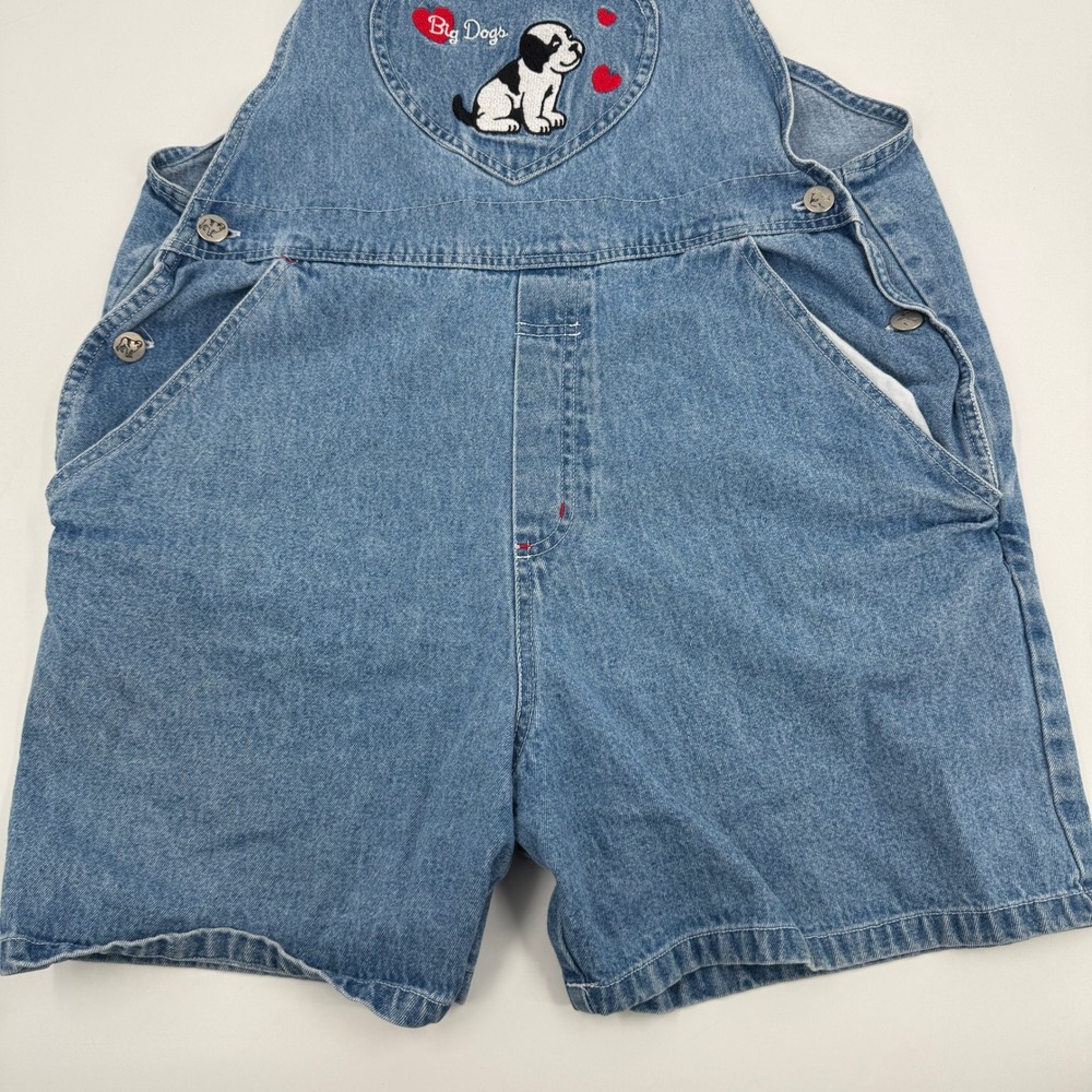 Big Dogs Denim Shortalls Women Medium Blue Heart Puppy Embroidered 90s Vintage - Picture 3 of 9